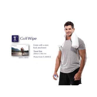 Golfwipe with sewn hook attachment and presented in cardboard box