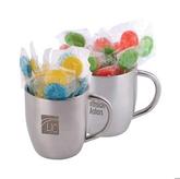 Corporate colour Lollipops in Stainless Steel Curved Mug