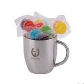 Assorted Colour Lolliops in Stainless Steel Curved Mug