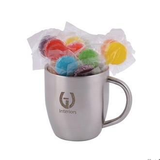 Assorted Colour Lolliops in Stainless Steel Curved Mug